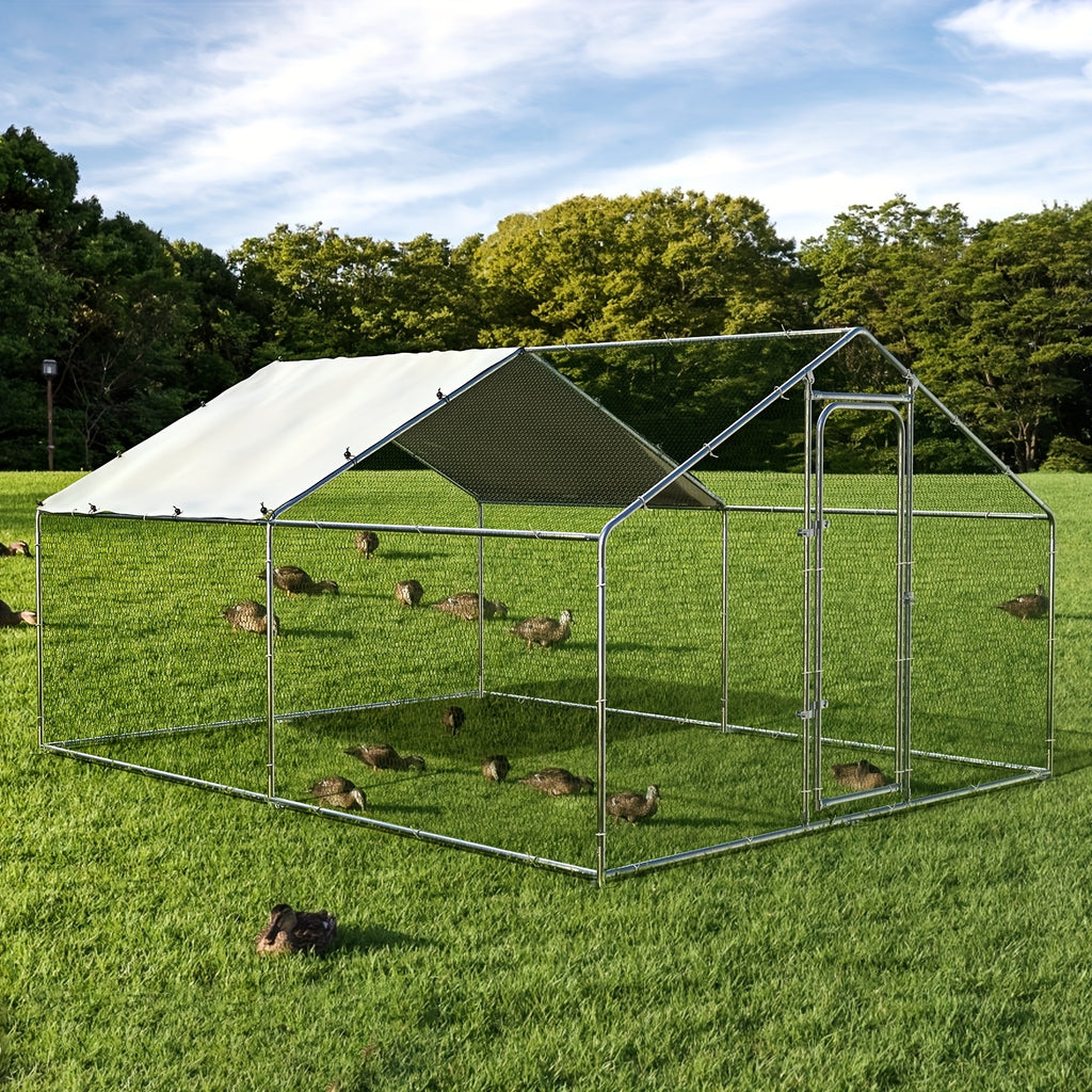 Metal Poultry Run Enclosure by SNDM, Outdoor Chicken Coop Cage with Listed Partial Cover, Mesh Walls, Access Doors and Latches in Three Unit Options