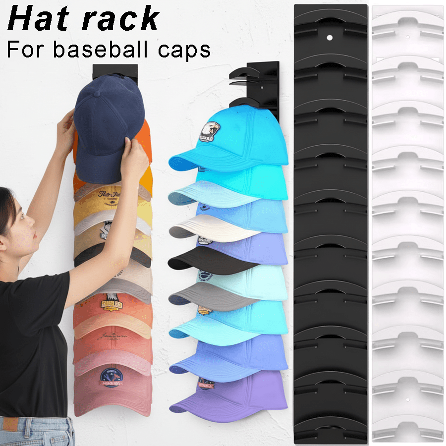 Baseball Cap Rack in Black or White with Multi-Layer Wall Storage, Single Plastic Hat Organizer with Listed Up-to-20-Cap Capacity and Two Mounting References
