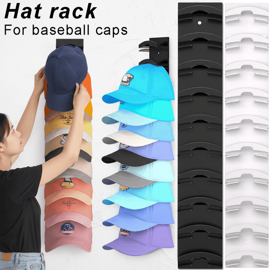 Baseball Cap Rack in Black or White with Multi-Layer Wall Storage, Single Plastic Hat Organizer with Listed Up-to-20-Cap Capacity and Two Mounting References