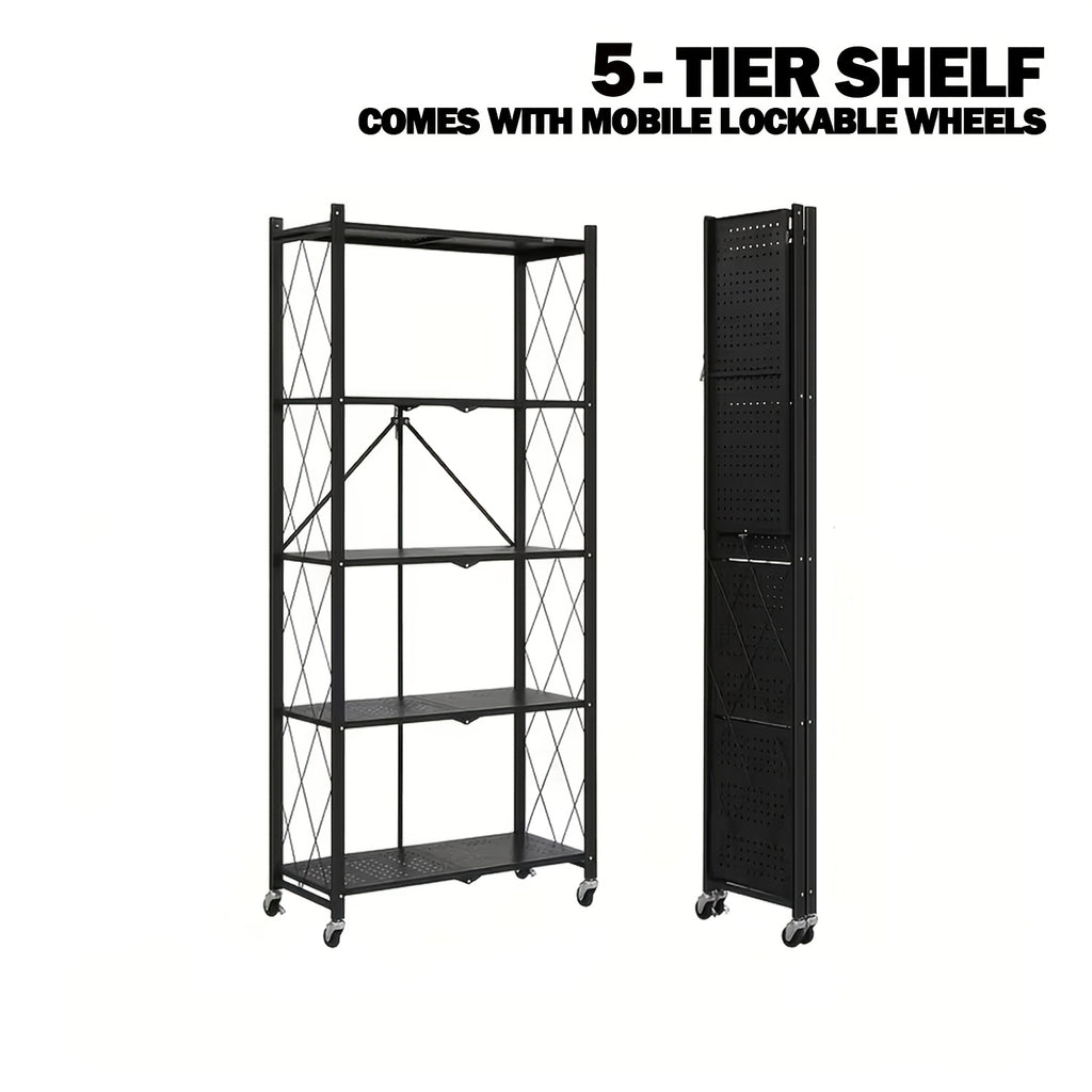 Folding Metal Shelving Unit with Listed Lockable Wheels, 3-, 4- or 5-Tier Storage Rack and Plant Stand in Black, White, Pink or Green for Home Organization