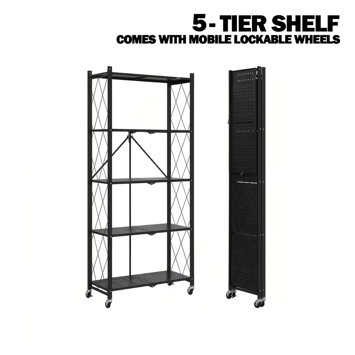 Folding Metal Shelving Unit with Listed Lockable Wheels, 3-, 4- or 5-Tier Storage Rack and Plant Stand in Black, White, Pink or Green for Home Organization