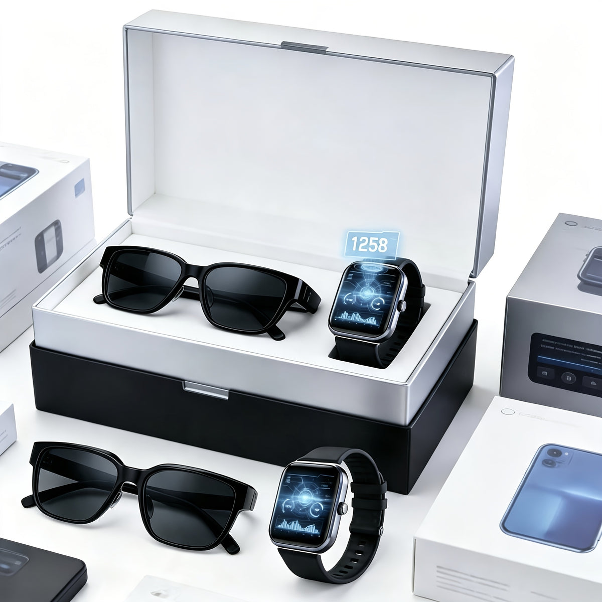 AI Translation Glasses and Touchscreen Smartwatch Set, 164 Languages, Unisex Audio Eyewear with Music Playback and Multiple Sports Modes for Office and Travel