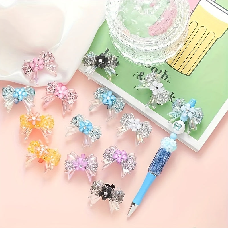 Rhinestone Bow Beads with Colorful Transparent Cut-Design Styling, Listed 10-Piece Craft Set for Personalized Jewelry, Beaded Pens, Keychains and Handmade Gift Projects