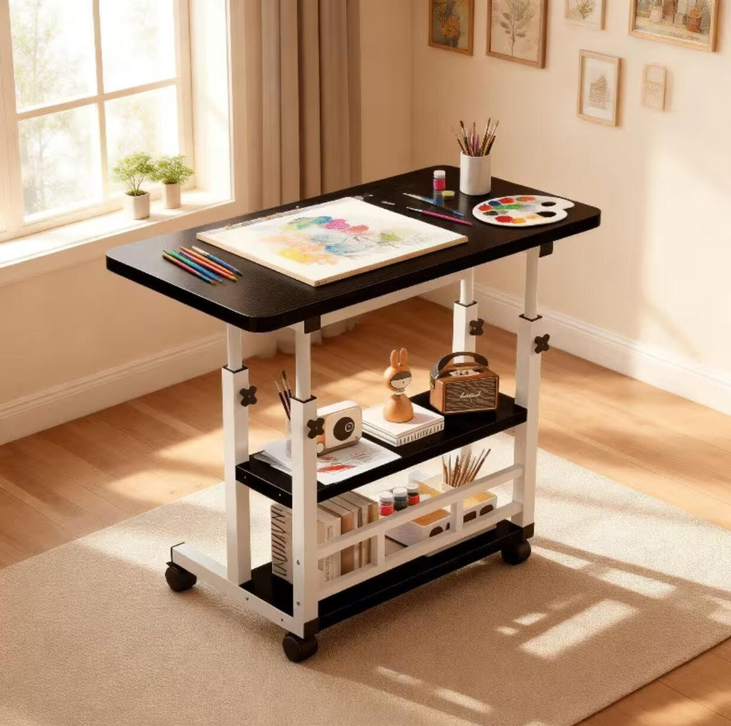 Height Adjustable Craft Table with Double Storage Shelves and Four 360-Degree Wheels, Rolling Sewing and Knitting Organizer for Bedrooms and Living Rooms