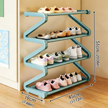 Z-Shaped Shoe Rack with Listed Four-Tier Design and Tool-Free Assembly, Metal Tubes and Plastic Connectors in Five Color and Model Options for Dorm Storage