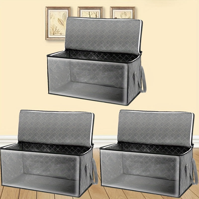 Windowed Clothes Storage Bags, Three-Piece Gray Foldable Organizer Set with Carry Handles for Suitable Blankets, Bedding, Pillows and Closet or Dorm Room Storage