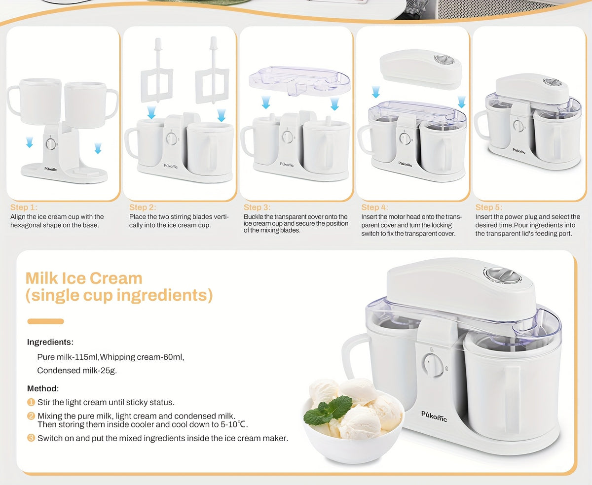 Automatic Ice Cream Maker for Home, Two-Cup Design Makes Two Flavors of Ice Cream, Sorbet and Frozen Yogurt at Once, Healthy Ingredients Control, Easy-Clean Separated Cups, Summer Dessert Machine for Kids Parties and Family