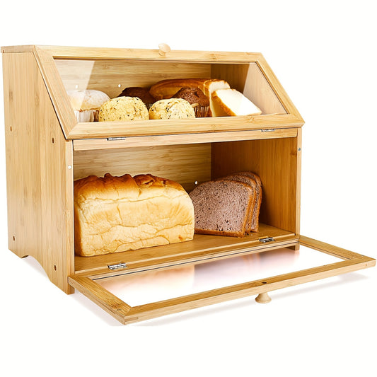 Bread Box for Kitchen Counter, Double-Layer Natural Bamboo Bread Storage Bin with Large-Capacity Design for Loaves, Rolls and Everyday Kitchen Organization