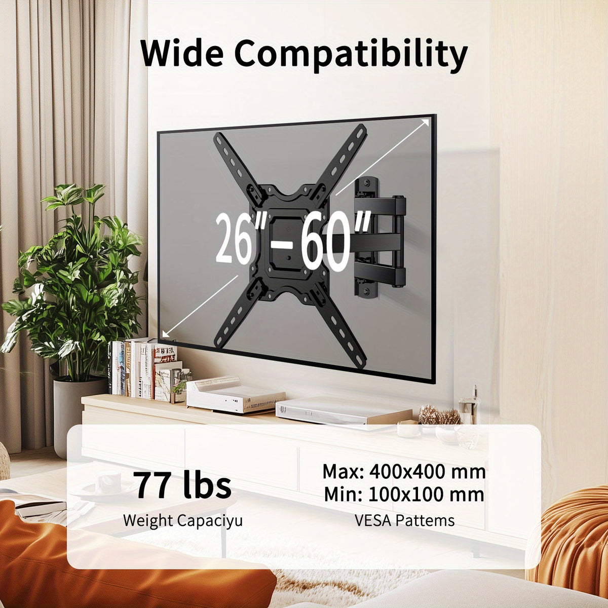 Full Motion TV Wall Mount in Black with Swivel Extension Arm, Tilt and Leveling, 26–55 or 26–60 Inch Options, Listed Maximum VESA 400 x 400mm