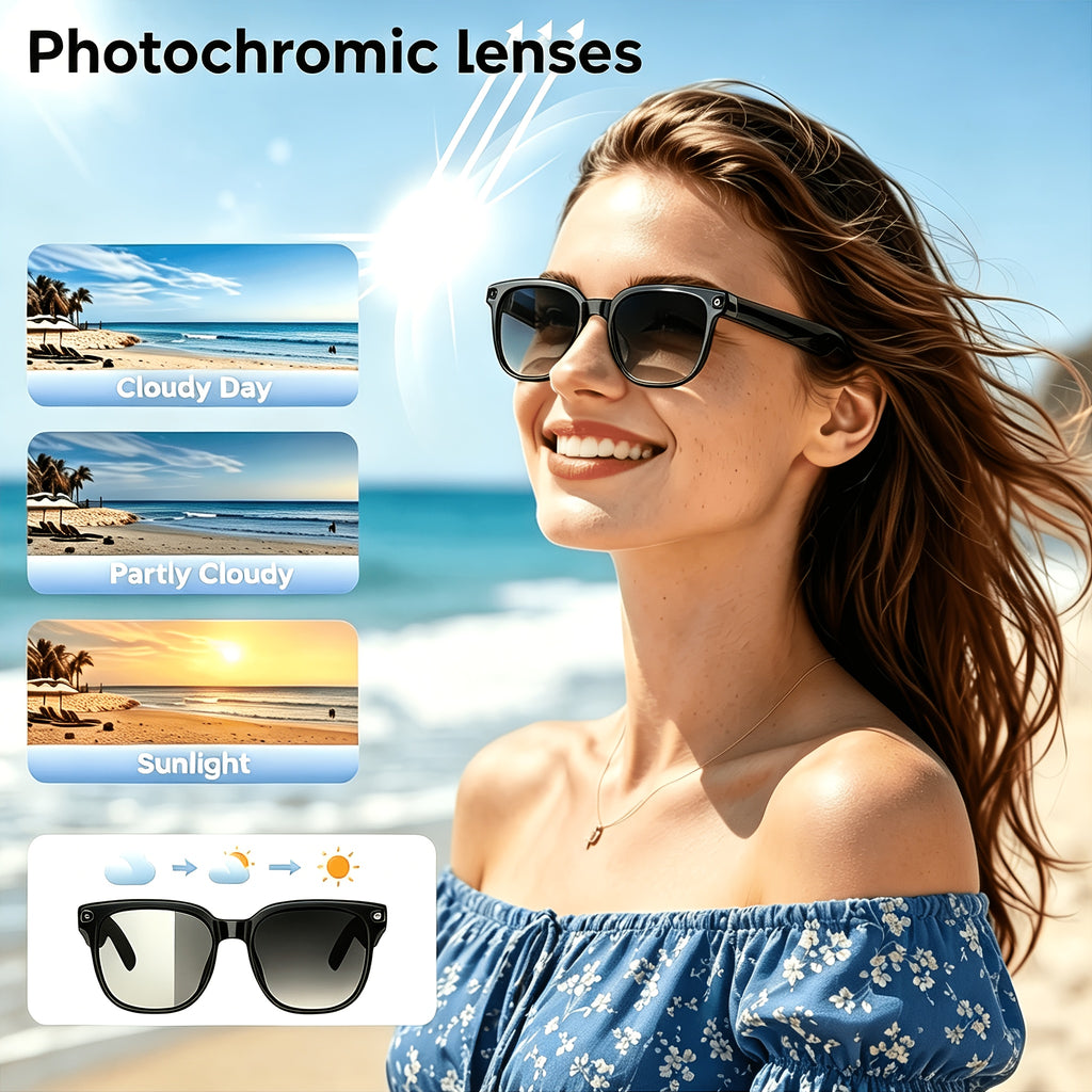 Open-Ear Camera Smart Glasses with Listed 4K Video, Photo Capture, AI Translation and Object Recognition, Bluetooth with Photochromic or Clear Lens Options