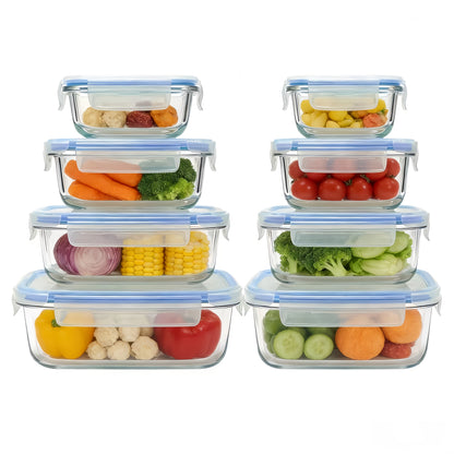 Glass Food Storage Containers for Bento Lunch Portions and Everyday Meal Prep, Listed Eight-Piece Kitchen Organization Set in Pink, Gray, Blue or Green