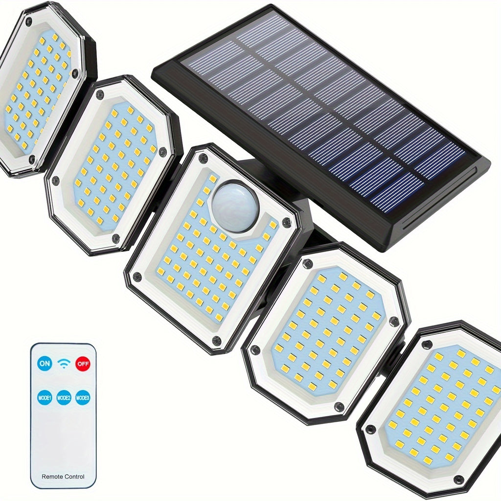 Five-Head Solar Motion Sensor Light with Listed 300 LEDs, 6500K Color Temperature, Remote Control and IP65 Rating, Single-Piece Outdoor Floodlight for Yard and Garage