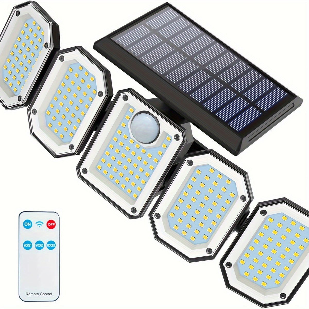 Five-Head Solar Motion Sensor Light with Listed 300 LEDs, 6500K Color Temperature, Remote Control and IP65 Rating, Single-Piece Outdoor Floodlight for Yard and Garage