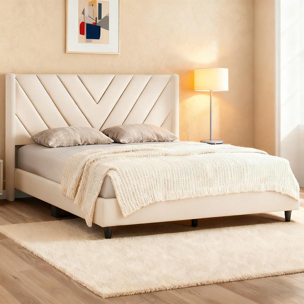 Velvet Platform Bed Frame by Costoffs with Wingback Headboard and Geometric Stitching, Wooden Slat Support, No Box Spring Needed, Twin to King Options