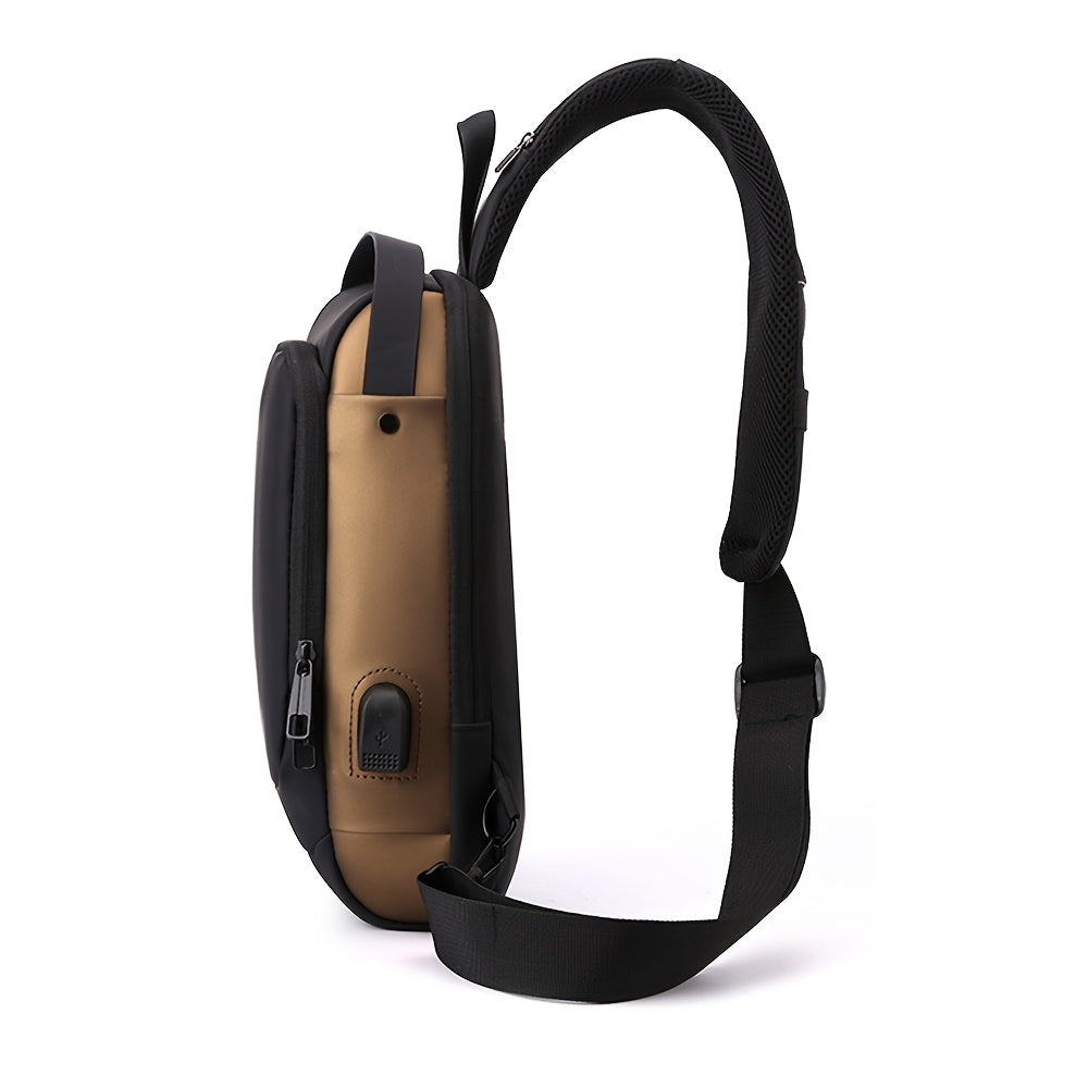 Mens Locking Sling Bag by Cutecity with USB Charging Port, Adjustable Shoulder Strap and Multiple Compartments in Black Brown or Blue Brown for Commuting and City Walks