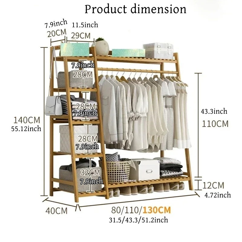 Bamboo Garment Rack with Adjustable Shelves, Five Side Storage Racks and Hat Hooks for Bedroom Organization, Brown or Nature with Four Size and Bag Option Labels
