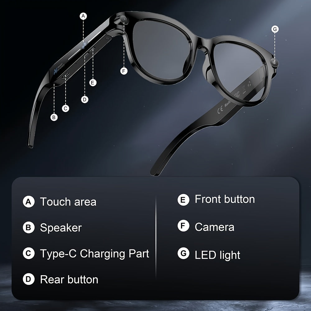Photochromic AI Smart Glasses with Listed 8MP Camera and EIS, Live Translation, Object Recognition, Voice Control and Open-Ear Music in Unisex Black