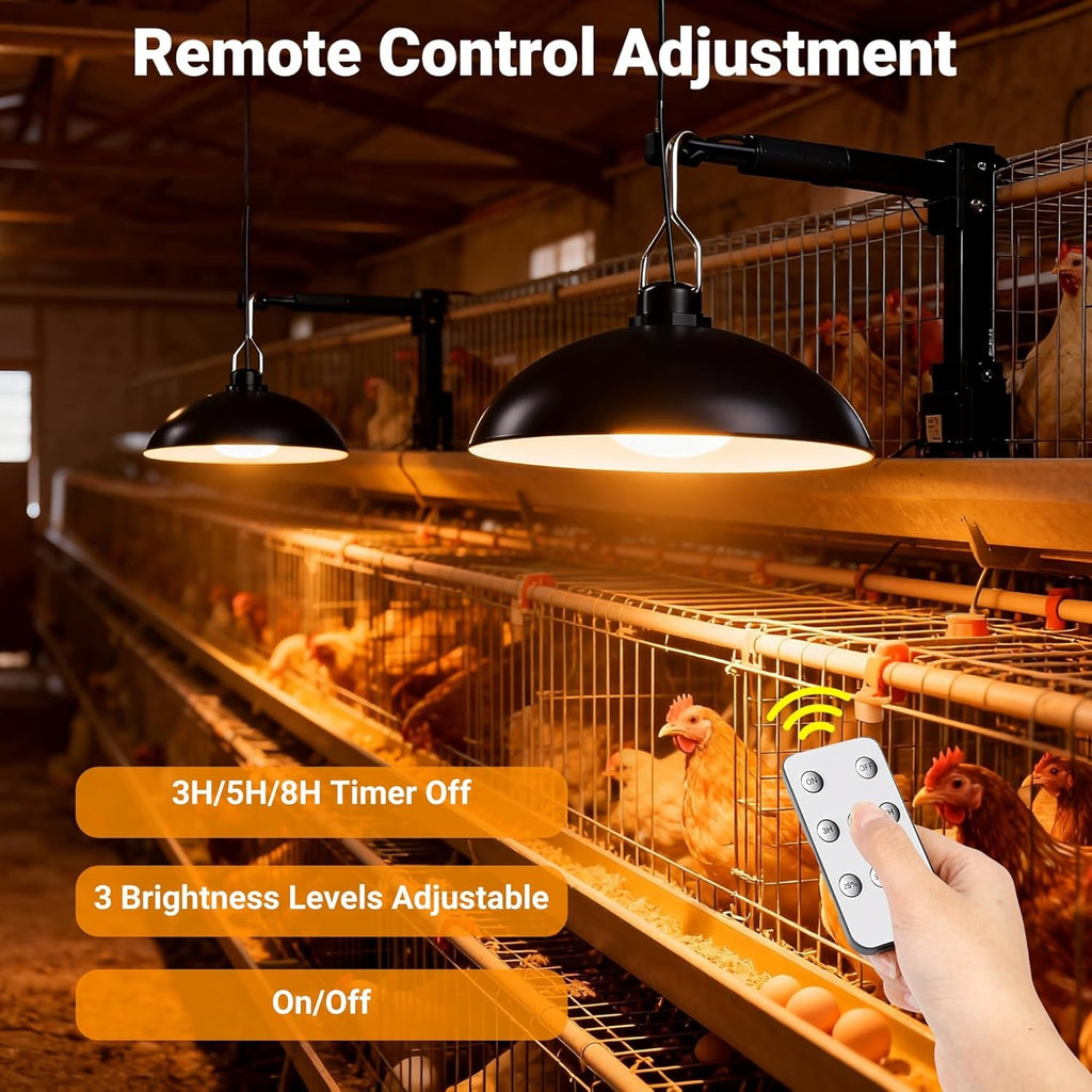 Solar Chicken Coop Pendant Light Set with Two Lamps, Remote, 3/5/8-Hour Timer, Listed 2400mAh Battery and 16.4ft Cord in White Light or Warm Light Options