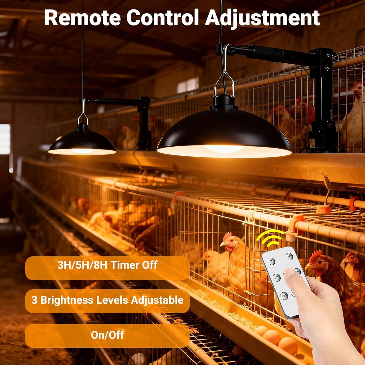Solar Chicken Coop Pendant Light Set with Two Lamps, Remote, 3/5/8-Hour Timer, Listed 2400mAh Battery and 16.4ft Cord in White Light or Warm Light Options