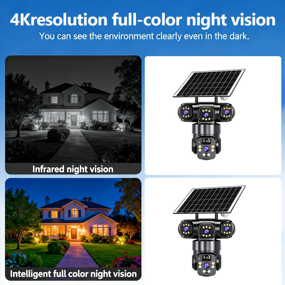 Solar WiFi Security Camera with Three-Lens Design, Listed 4K Pan-Tilt View, PIR Human Alerts and Two-Way Audio in Standard or Plus 32GB Package Labels