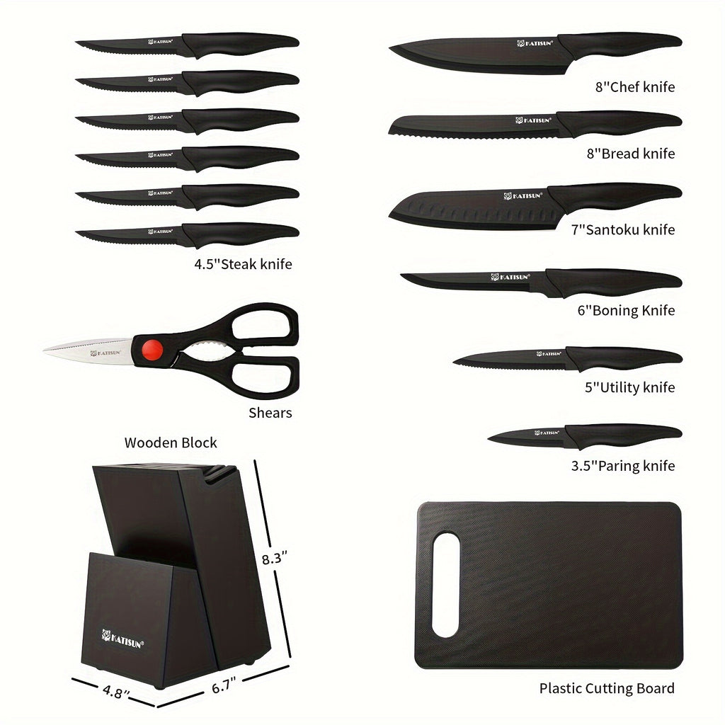 Black Knife and Cutting Board Set, Listed 15-Piece HM2205T-15 Kitchen Collection with Wooden Storage Block, Chef's Knife and Shears for Home Meal Prep
