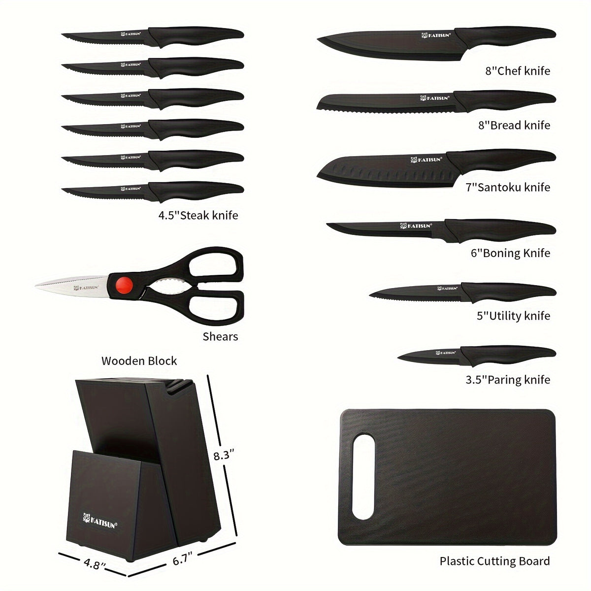 Black Knife and Cutting Board Set, Listed 15-Piece HM2205T-15 Kitchen Collection with Wooden Storage Block, Chef's Knife and Shears for Home Meal Prep