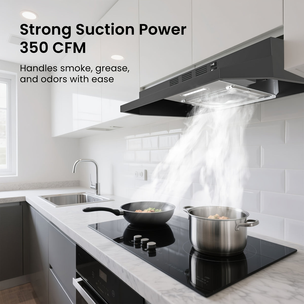 30-Inch Under-Cabinet Range Hood with Listed 350 CFM Airflow, LED Light and Two-Speed Fan, Ducted or Non-Ducted Configuration in Three Finish Option Labels