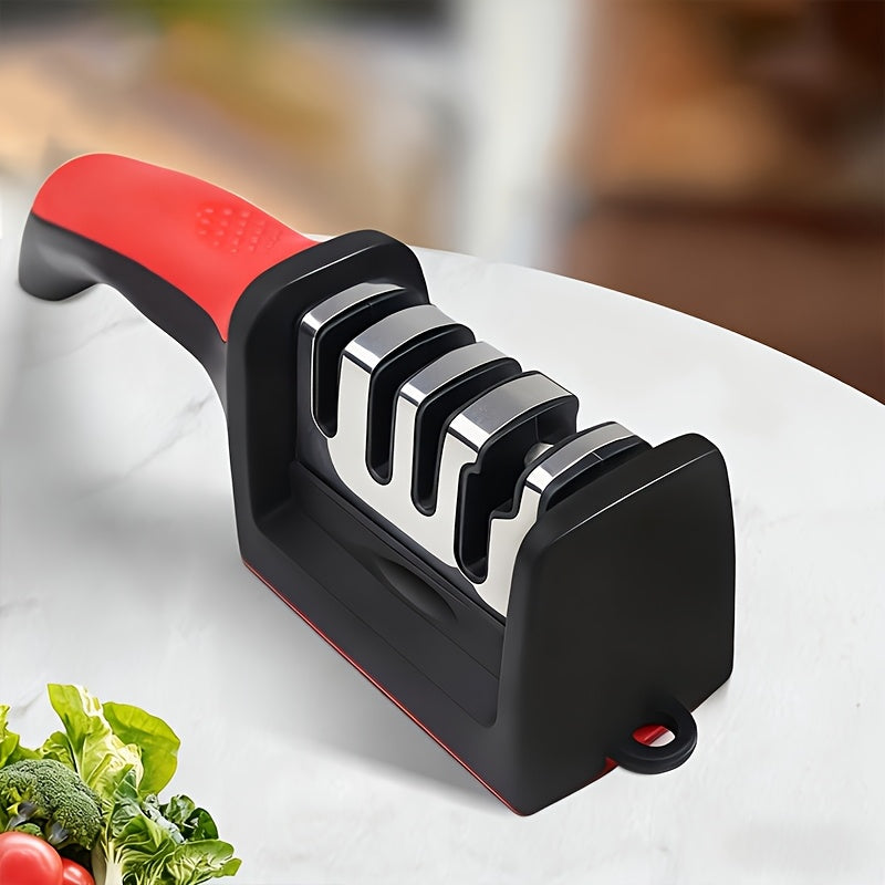4-Stage Knife Sharpener with Non-Slip Grip, Red and Black Kitchen Edge-Care Tool with Listed Tungsten, Diamond and Ceramic Abrasives for Compatible Knives