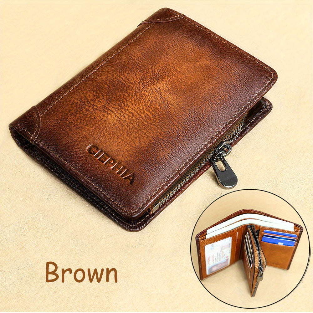 Trifold Leather Wallet for Men with Eight Card Slots, Two ID Windows, Coin Pocket and Two Banknote Sections, Yellow Brown, Black or Coffee Color for Daily Carry