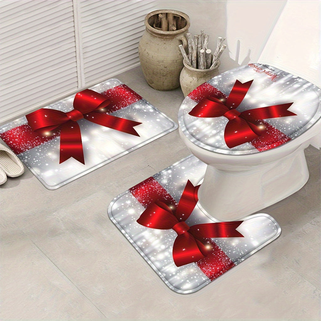 Christmas Shower Curtain Set with 12 Hooks, Four-Piece Merry Christmas Bathroom Decor with Polyester Curtain, Bath Mat, U-Shaped Mat and Toilet Lid Cover