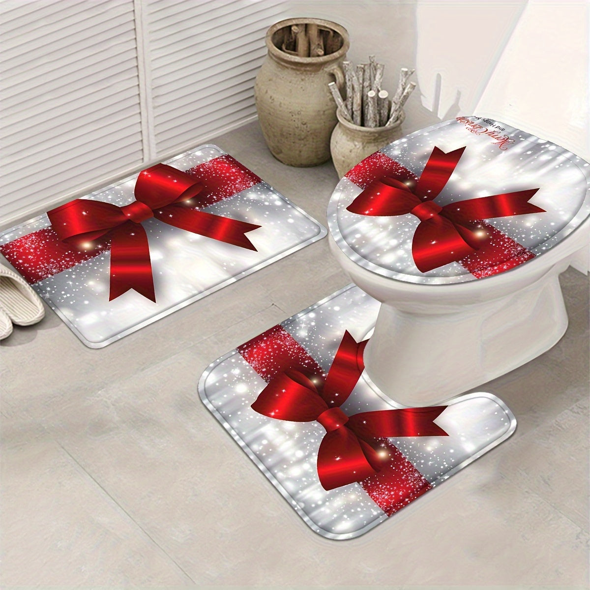 Christmas Shower Curtain Set with 12 Hooks, Four-Piece Merry Christmas Bathroom Decor with Polyester Curtain, Bath Mat, U-Shaped Mat and Toilet Lid Cover