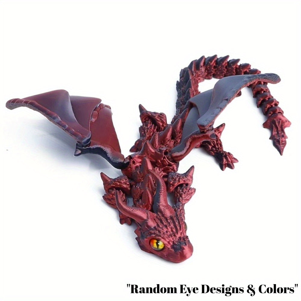 3D Printed Dragon Figurine with Articulated Two-Horned Fantasy Design, Six Color Combinations and Random Eye Details for Gothic Shelf, Desk and Room Decor