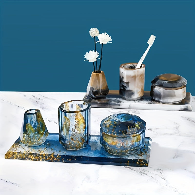 Bathroom Organizer Resin Mold Set with Four Listed Silicone Pieces, Toothbrush Holder Cup, Diffuser Bottle, Tray and Lidded Jar Design Wording for DIY Casting