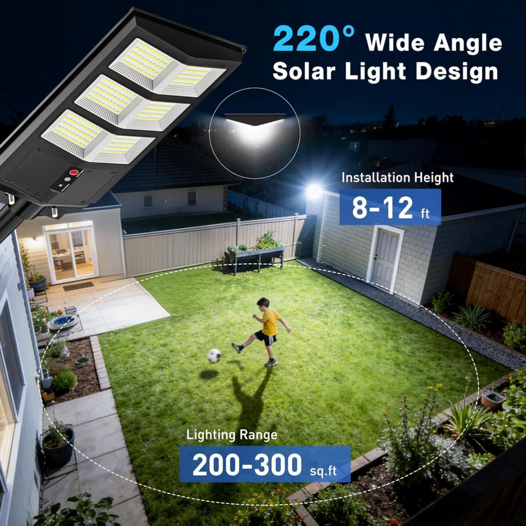 Solar Street Light with Motion Sensor and Remote Control, Matte Black Single-Pack 270, 360 or 800 LED Options with 6500K and Three Lighting Mode References