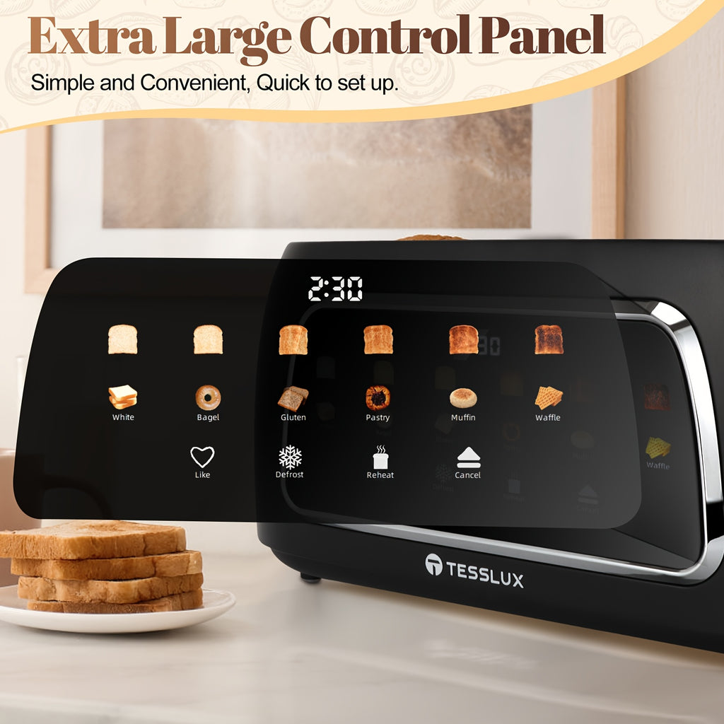 TESSLUX Four Slice Touchscreen Toaster with 1.5-Inch Wide Long Slots, Six Browning Levels and Bread Types, Digital Timer, Memory, Defrost and Reheat