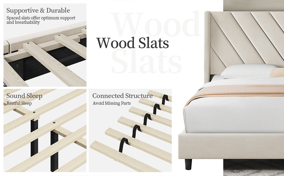 Velvet Platform Bed Frame by Costoffs with Wingback Headboard and Geometric Stitching, Wooden Slat Support, No Box Spring Needed, Twin to King Options