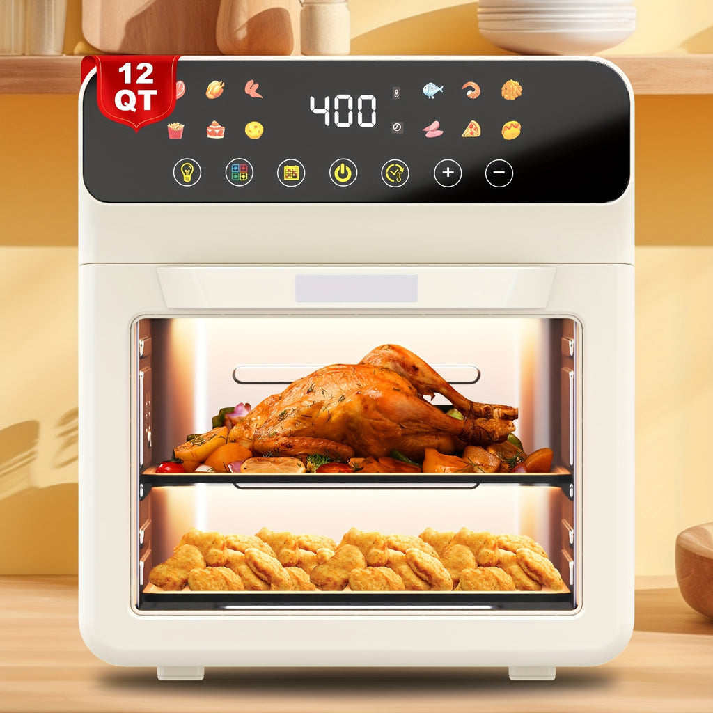 Air Fryer Oven with Listed 12-Quart Capacity, 12 One-Touch Presets, Viewing Window, Interior Light and Two Baking Pans in White or Black for Home Cooking