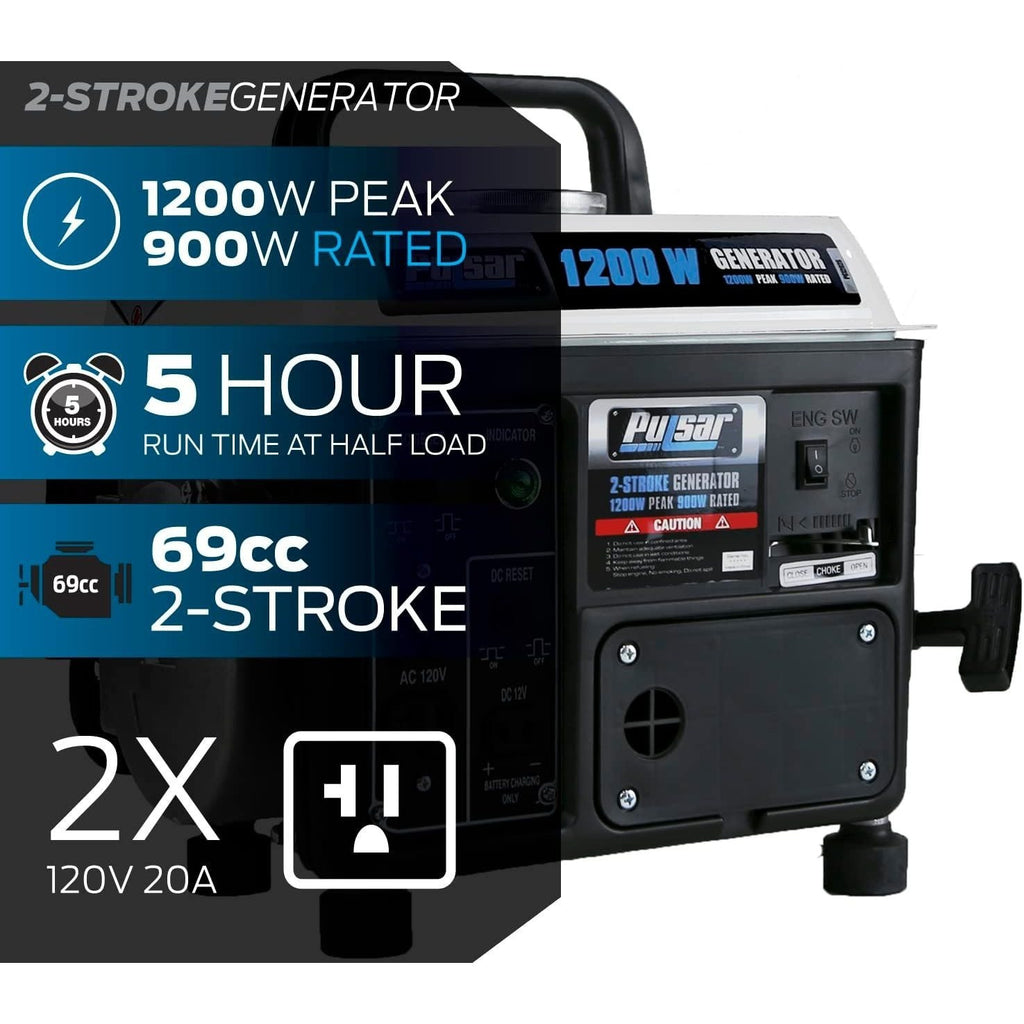 Gas-Powered Portable Generator by Pulsar with Carrying Handle, Listed 1200 Peak and 900 Running Watts, Recoil Start and 120V Outlets for Outdoor Power