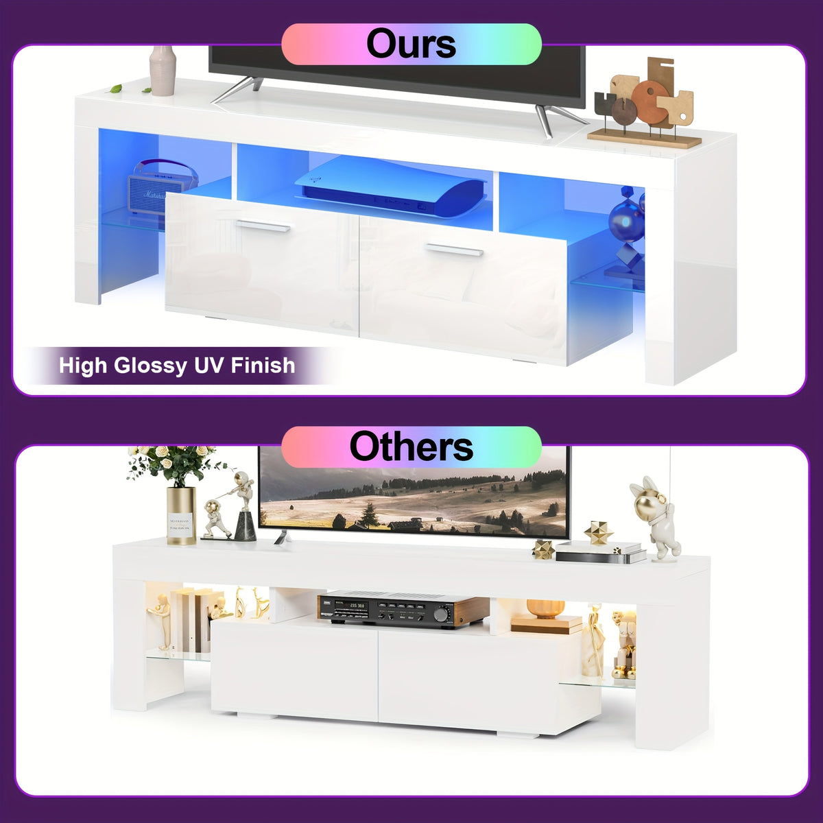 White LED TV Stand with Cabinet Storage and Glass Shelves, Modern Media Console for Living Room and Game Room in 130, 167 or 180 cm Model Options