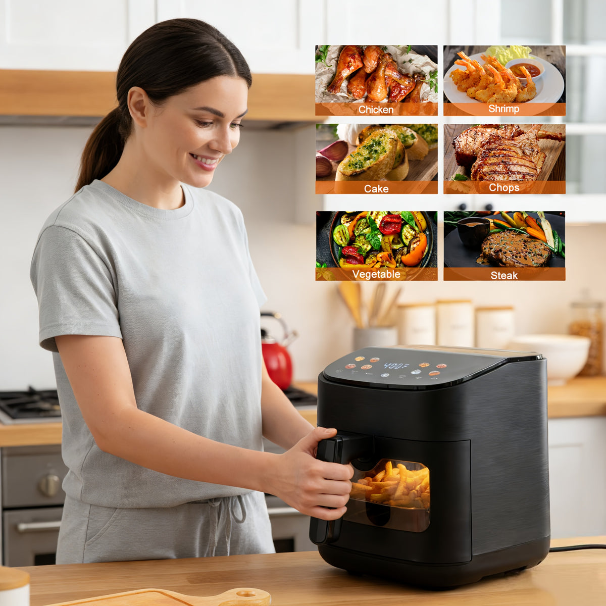 Viewing Window Air Fryer with Listed Angled Color Touchscreen and 8 Cooking Presets, 2.8QT or 6.8QT Options for Everyday Meals, Snacks and Family Gatherings
