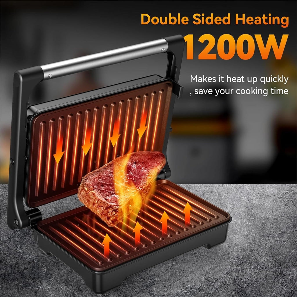 YASHE Panini Grill Press ZJ-521 with 1200W Heating, Nonstick Cast Aluminum Plates, Two-Slice Bread Capacity, 180-Degree Opening and Ready Indicator Lights