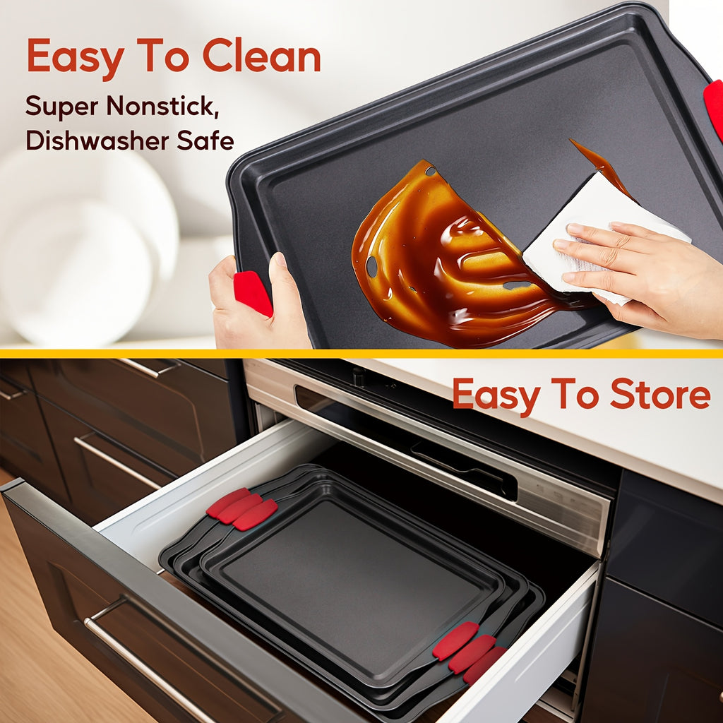 Baking Pan Set with Red Silicone Handles, 3-Piece Gray Carbon Steel Oven Bakeware with Listed Interior and Exterior Nonstick Finish for Home Baking