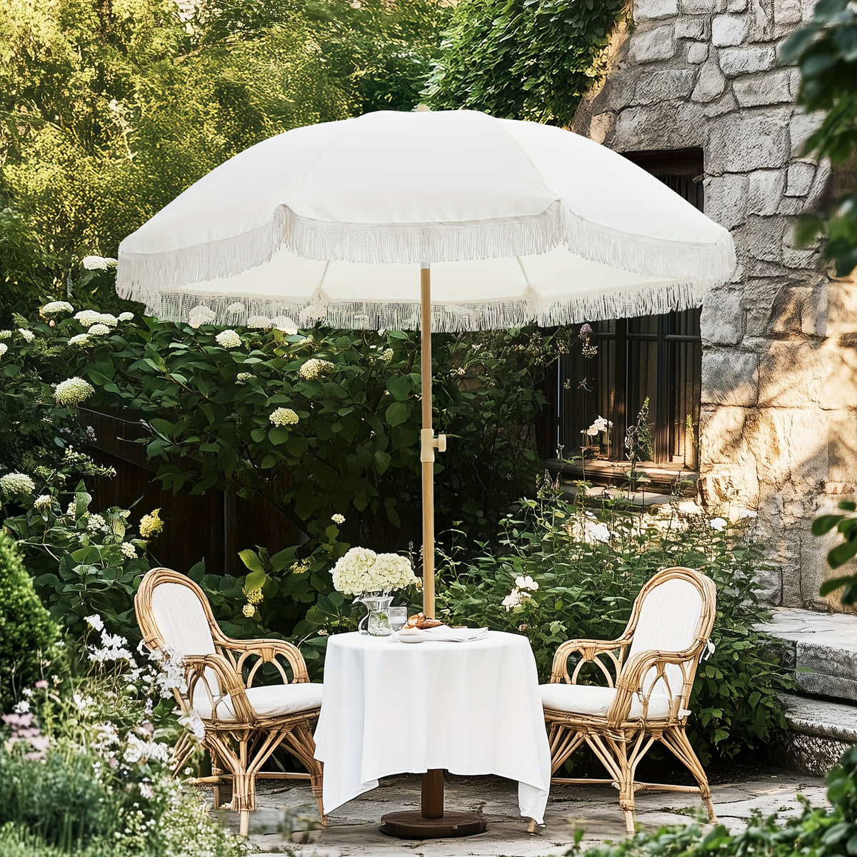 Eight-Rib Patio Umbrella with Push-Button Tilt Adjustment for Outdoor Garden and Courtyard Seating, Beige, Blue Pinstripe and White Style Selections