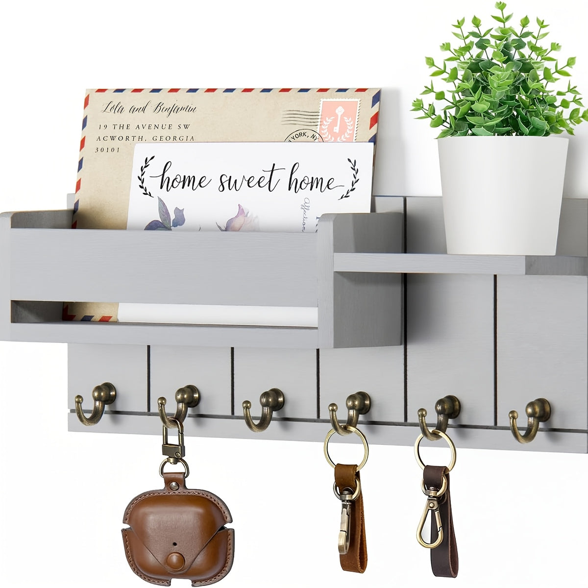 Wall Key and Mail Organizer with Tray, Five-Color Entryway Key Rack for Hallway and Kitchen Storage in White, Grey, Black, Brown or Light Brown-1