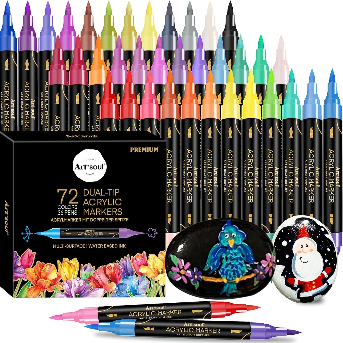 Art+soul Acrylic Paint Pens with 72 Numbered Colors, Dual Brush and 3mm Round Tips for Rock Painting, Wood, Canvas, Lettering and Decorative Craft Projects