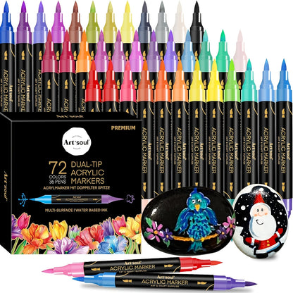Art+soul Acrylic Paint Pens with 72 Numbered Colors, Dual Brush and 3mm Round Tips for Rock Painting, Wood, Canvas, Lettering and Decorative Craft Projects
