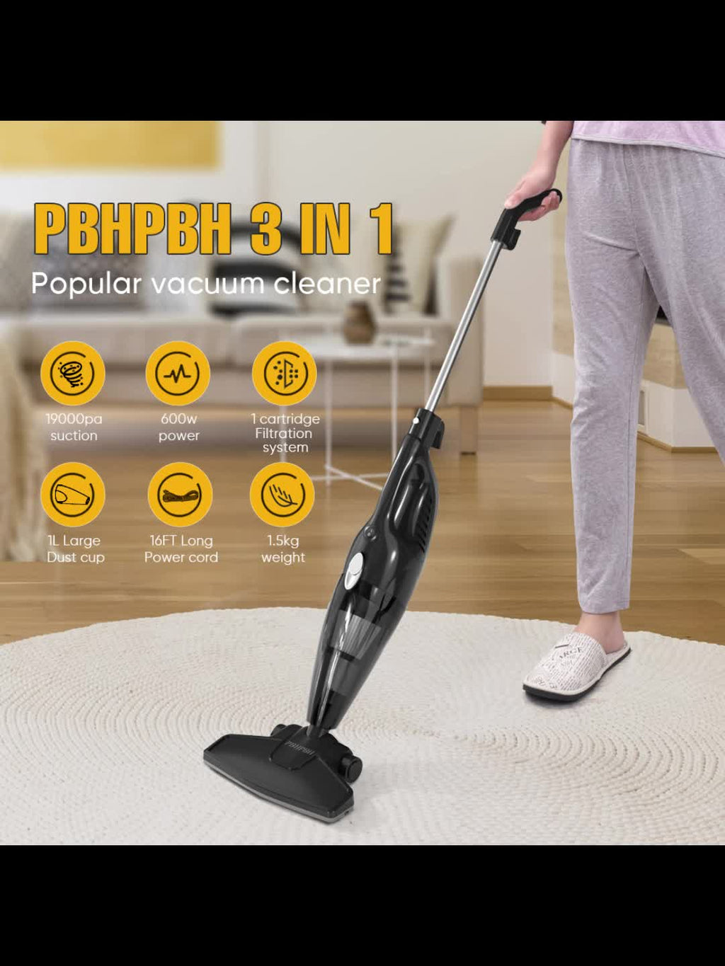 Corded Upright Vacuum Cleaner by PBHPBH with Listed 19kPa Suction and Five-Meter Cord, Black Home Cleaning Model for Compatible Dust and Pet Hair Tasks