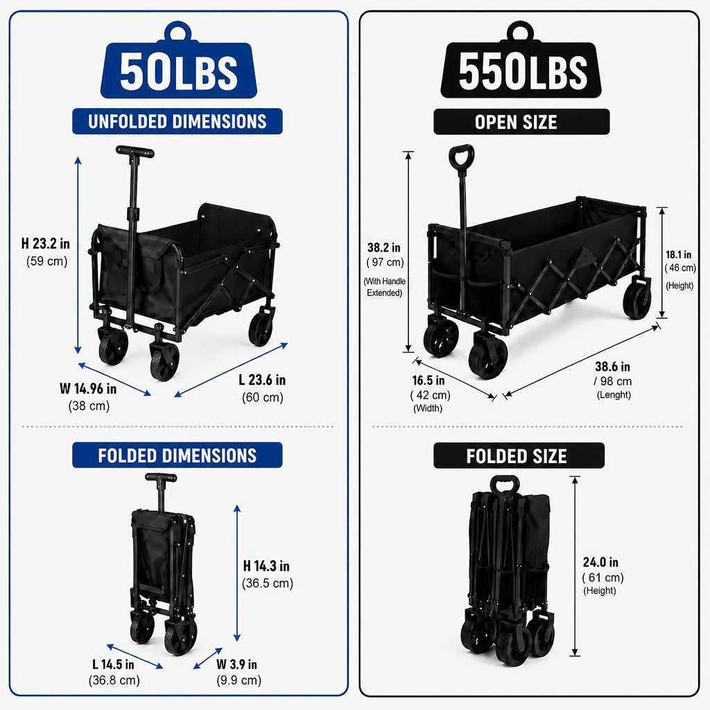 Small Folding Wagon in Black with 50LBS Model Label, Collapsible Utility Cart and Adjustable Pull Handle for Grocery, Garden Supply and Camping Gear Transport