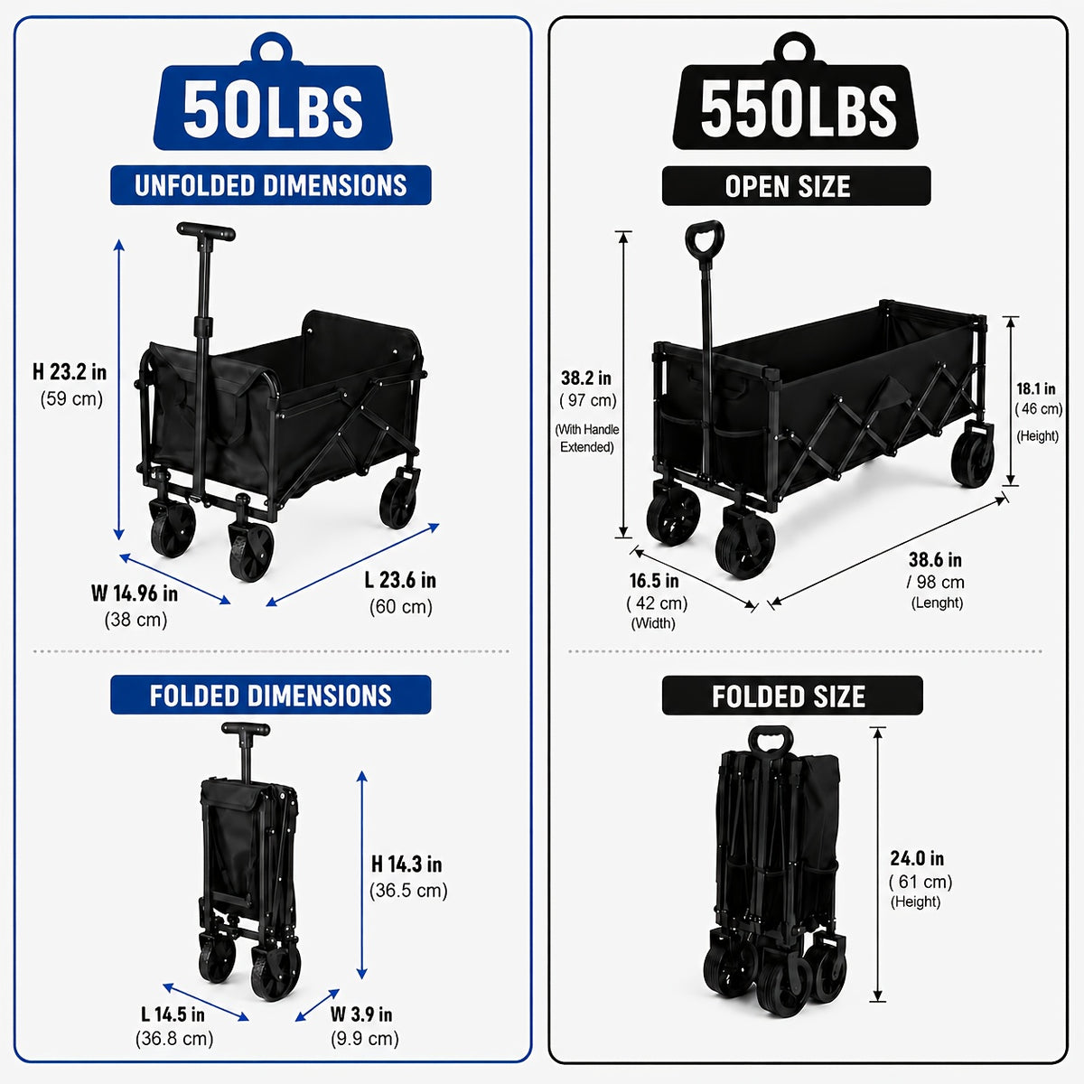 Small Folding Wagon in Black with 50LBS Model Label, Collapsible Utility Cart and Adjustable Pull Handle for Grocery, Garden Supply and Camping Gear Transport