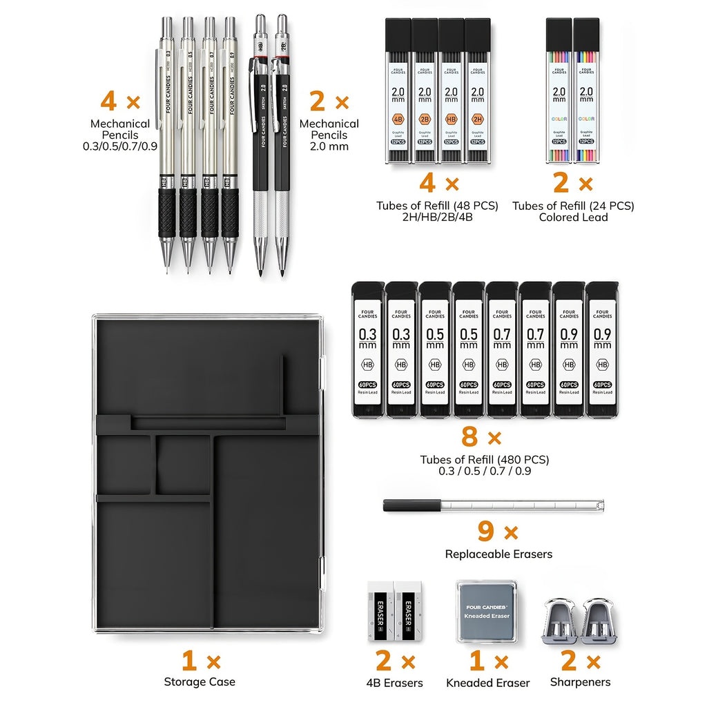 Mechanical Drawing Pencil Set by Four Candies with Case, Four 0.3 to 0.9mm Metal Pencils, Two 2mm Lead Holders and Listed 552 Graphite Refills for Sketching